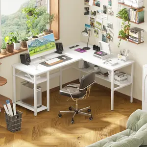 Unikito 47'' L-Shaped Desk with Power Outlets, Reversible Corner Workstation, 3 Power Strips & 2 USB Ports, Spacious Gaming/Office Desk, Sturdy Engineered Wood & Metal Frame, Easy Assembly