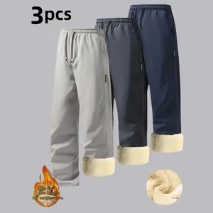3PCS Men's Winter Warm Straight-Leg Pants, Made of Polyester Fiber with Fleece Lining, Thickened and Velvet, Windproof and Cold-Resistant, Elastic Waistband with Drawstring Closure, Sports Running Three-Piece Set, Student Campus Activity Pants, Daily Work