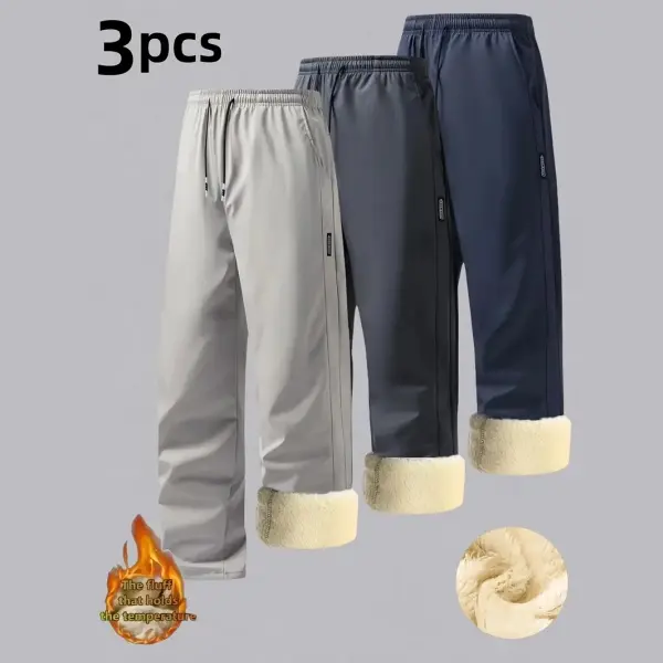 3PCS Men's Winter Warm Straight-Leg Pants, Made of Polyester Fiber with Fleece Lining, Thickened and Velvet, Windproof and Cold-Resistant, Elastic Waistband with Drawstring Closure, Sports Running Three-Piece Set, Student Campus Activity Pants, Daily Work