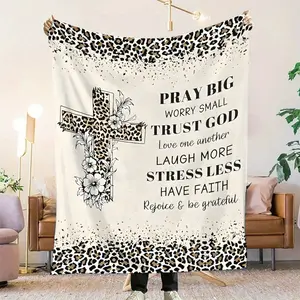 [Faith Blanket Spiritual Gift] 1pc Faith Blanket with Verses & Prayers - Soft Flannel Throw Bedspread, Beige & Black Cross Floral Leopard Print Design, Inspirational Scripture for Church, Home, Worship - Spiritual Gift for s,, All Seasons, 2D Flat