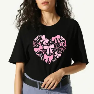 women's T-shirt Pink Bow Heart Solid color printed short sleeved women's top White, black, khaki Fashion daily women's clothing