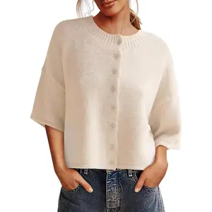 Aoysky Women's Basic Comfortable Fitted 3/4 Sleeve Knitting Cardigan, Button-Down Cropped Crewneck Piece, 2026 Fall Casual Top for Day Use