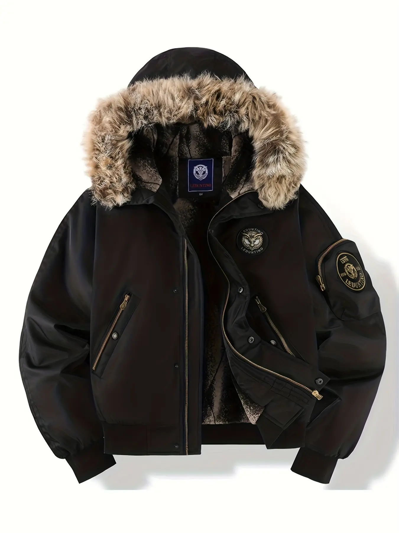 Men’s Casual Long Sleeve Plain Aviator Coat - Menswear Winter Jacket with Detachable Faux Fur Hood, Multiple Zippered Pockets, Stylish Embroidery, Extreme Warmth for Skiing, Hiking