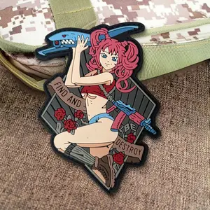 Waifu Tactical Patch Pink Hair Anime Girl with Rifle PVC Rubber Badge Sexy Military Combat Morale Decorative Patch Decoration