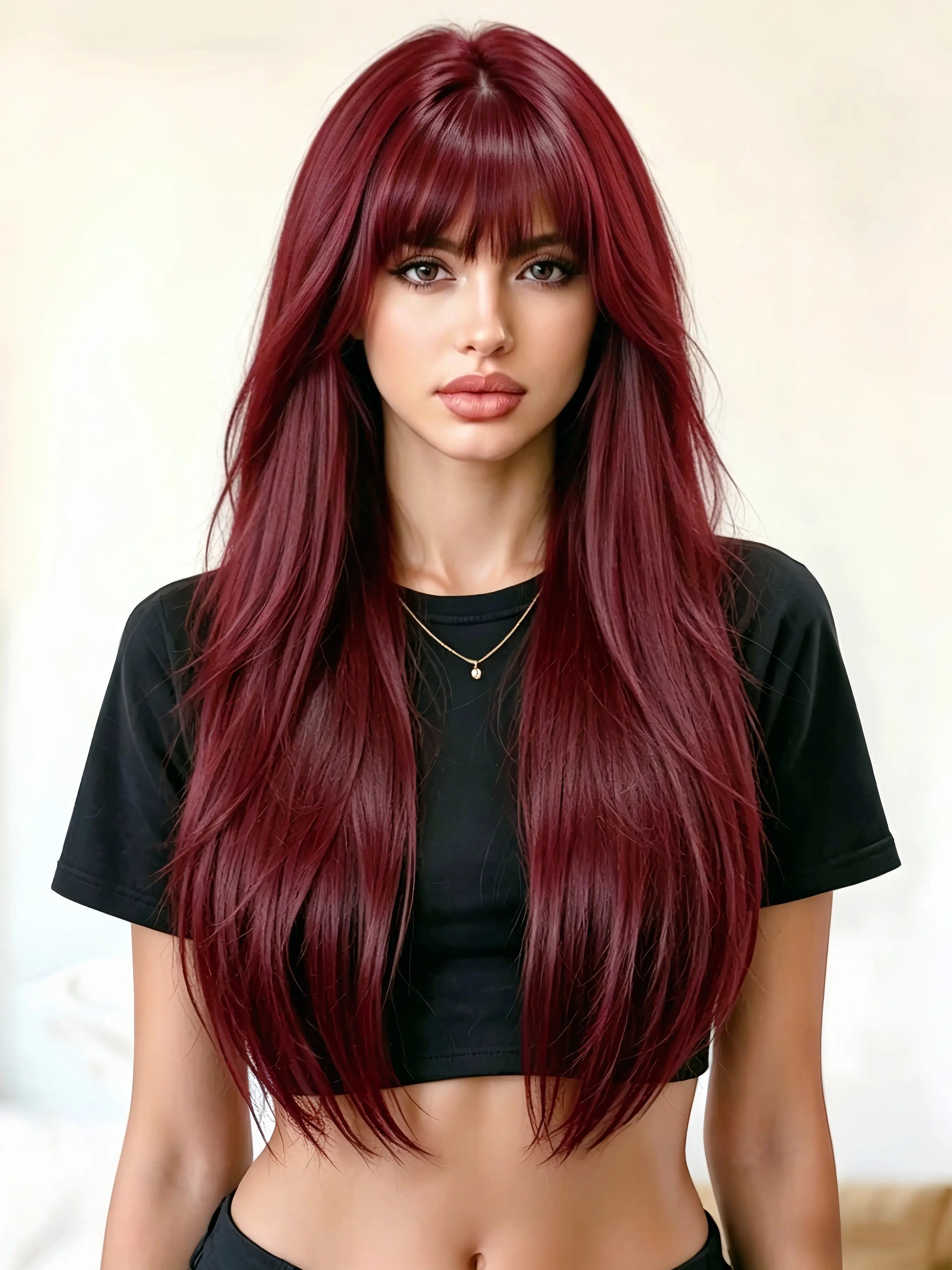 28-Inch Wine Red Long Straight Layered Wigs with Bangs for Women, Heat-Resistant 99J Burgundy Synthetic Smooth Wig, Comfortable Breathable Inner Mesh, Ideal for Daily Wear, Women's Hairstyle, Party Wig