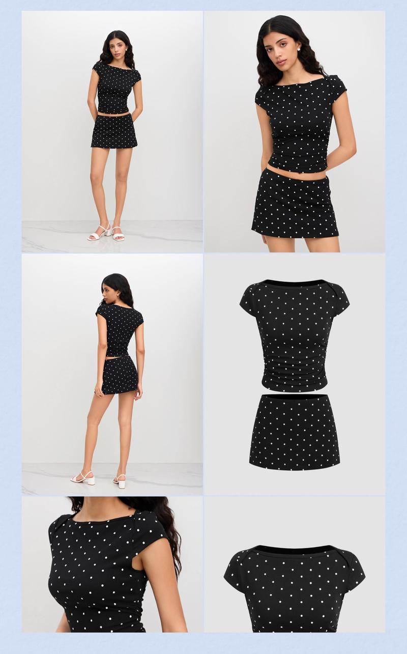 Cider Cotton-Blend Polka Dot Boat Neck Tee & Mini Skort Set, Stretchy Cotton Blend, Ruching Detail, Summer Casual Outfit for Beach & Street Style #FallFreshness