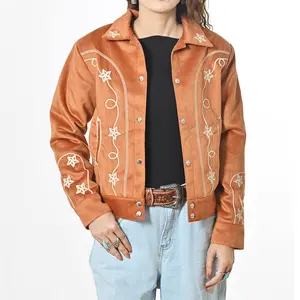 American Darling Women’s Western Suede Jacket Tan Embroidered Star Jean Vintage Cowgirl Blazer with Southwestern Stitching