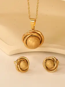 14k Gold Plated Stainless Steel Bead Jewelry Set, Round Geometric Fashion Earrings Necklace, Elegant Versatile Gift for Women