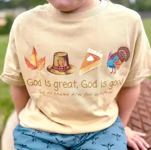 Youth God is Great God is Good Shirt, Thanksgiving T-Shirt, Fall Christian Tee, Pilgrim Turkey Pumpkin Pie Shirt, Autumn Blessings Shirt, Youth Boy Clothing, Trending tee, youth clothing, Family shirt, holiday outfit, funny shirt