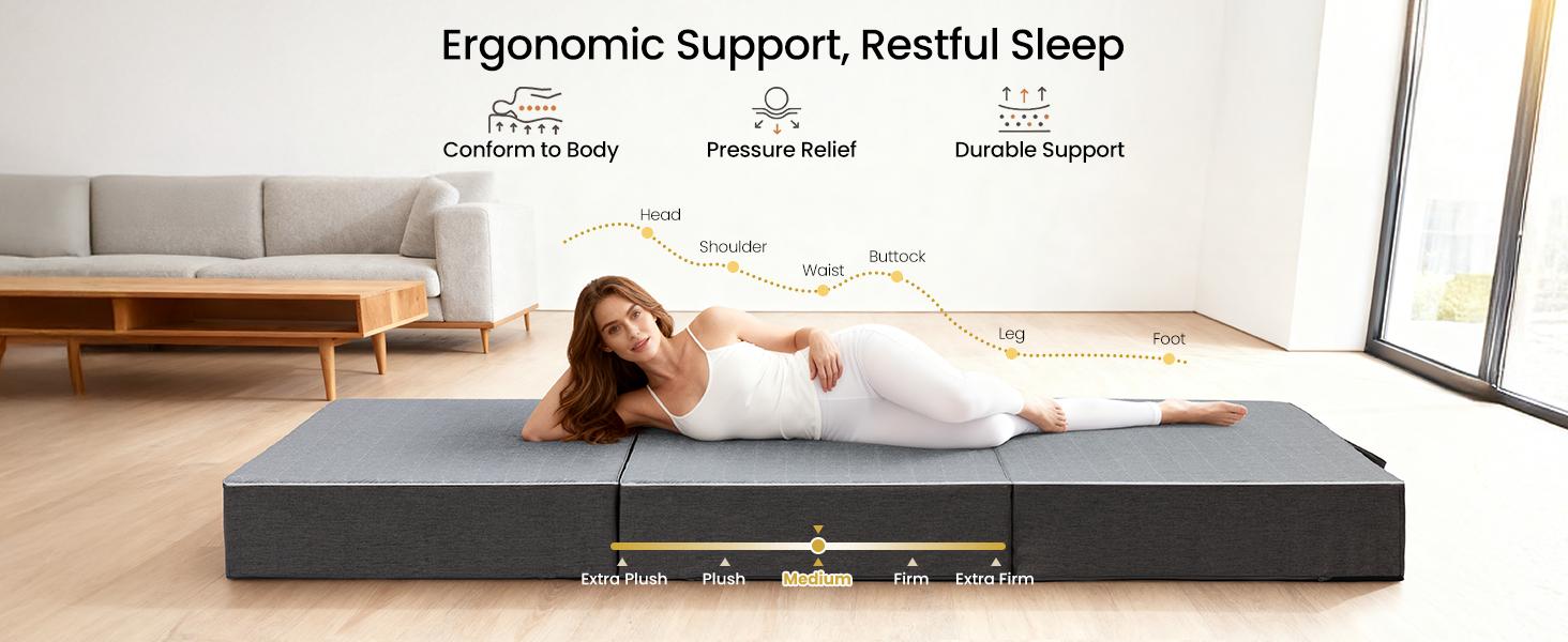 WINZOO Modern Twin Size 6-Inch Dual-Layer Memory Foam Futon Mattress - Portable Sofa Bed with Removable Washable Cover, Handle, Non-Slip Bottom for Guests, Camping