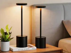 2-pack cordless rechargeable table lamps with built-in 5000mAh battery. Features 3 color modes and dimmable brightness. Wireless portable design, suitable for bedroom, dining, patio and home decor, black finish.