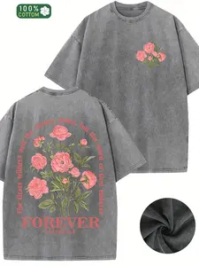 Men'S Vintage Washed T-Shirt - Double-Sided Floral & Letter Print Retro Oversized Drop Shoulder Short Sleeve Round Neck Soft Breathable Casual Casual y2k,Vintage,Streetwear Christmas  Cyber Monday vintage t-shirt casual menswear Graphic Christian Faith T-