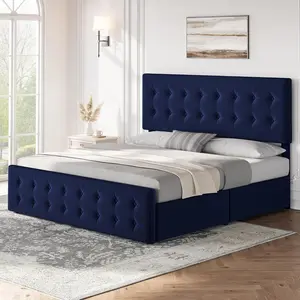 King Size Bed Frame with Adjustable Headboard and 4 Drawers Velvet Upholstered Platform Bed with Button Tufted Design  Strong Wooden Slats  No Box Spring Needed  Blue