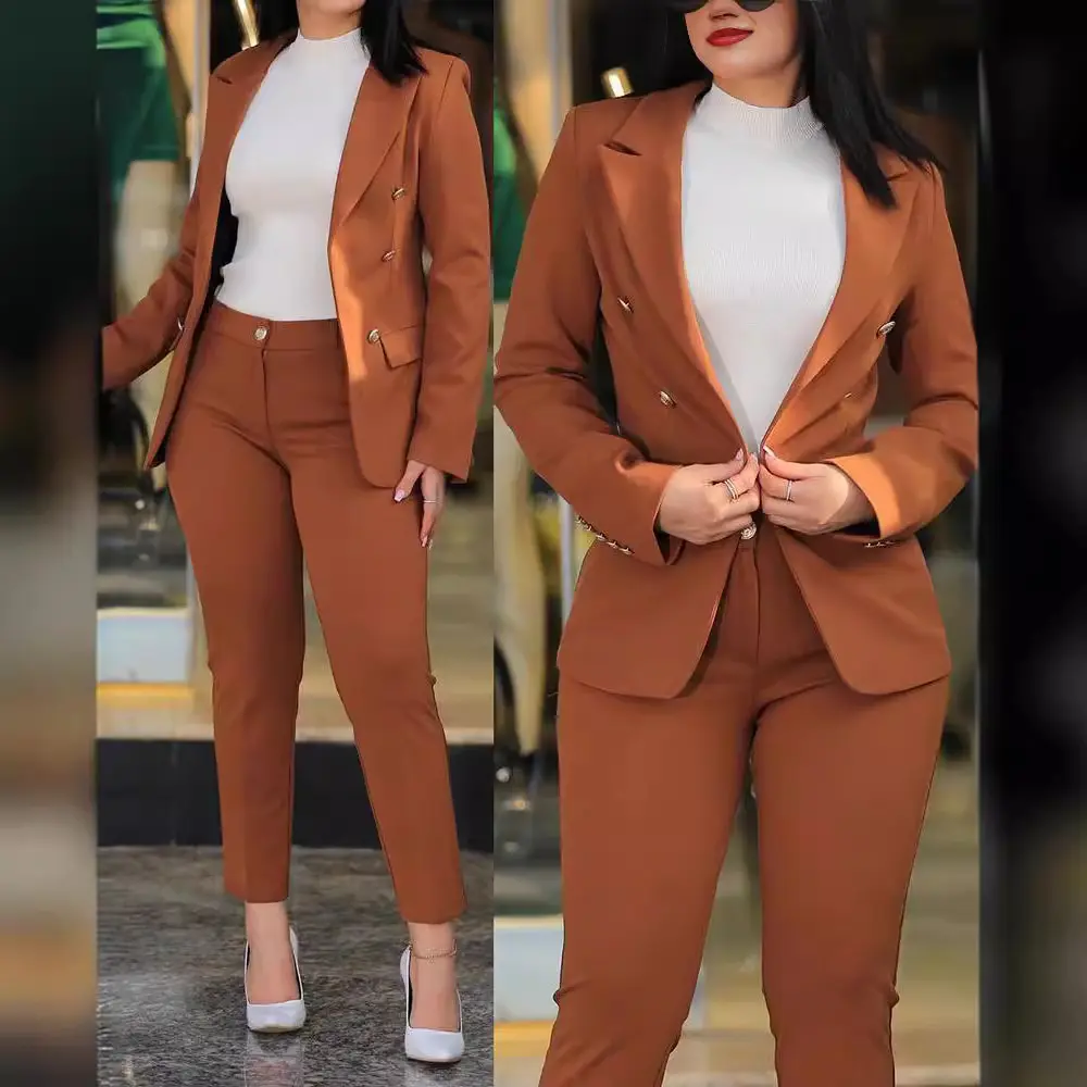 Women's 2-Piece Suit Set, Business Casual Long Sleeve Blazer and Wide Leg Trousers, Professional Polyester Clothes, Extra-Long Sleeve