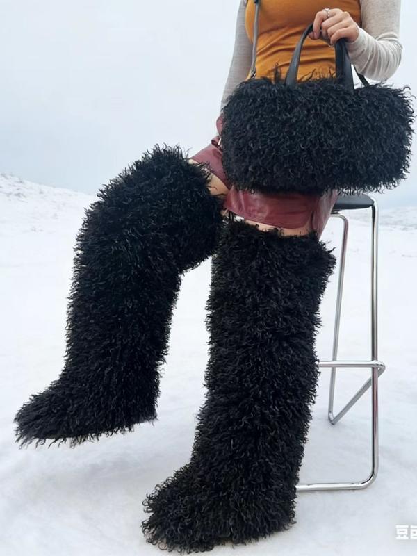 Women's Over-The-Knee Snow Boots, Round Toe Design, Textile Upper & Rubber Sole, Medium Width, Fall/winter Season, Plain Pattern