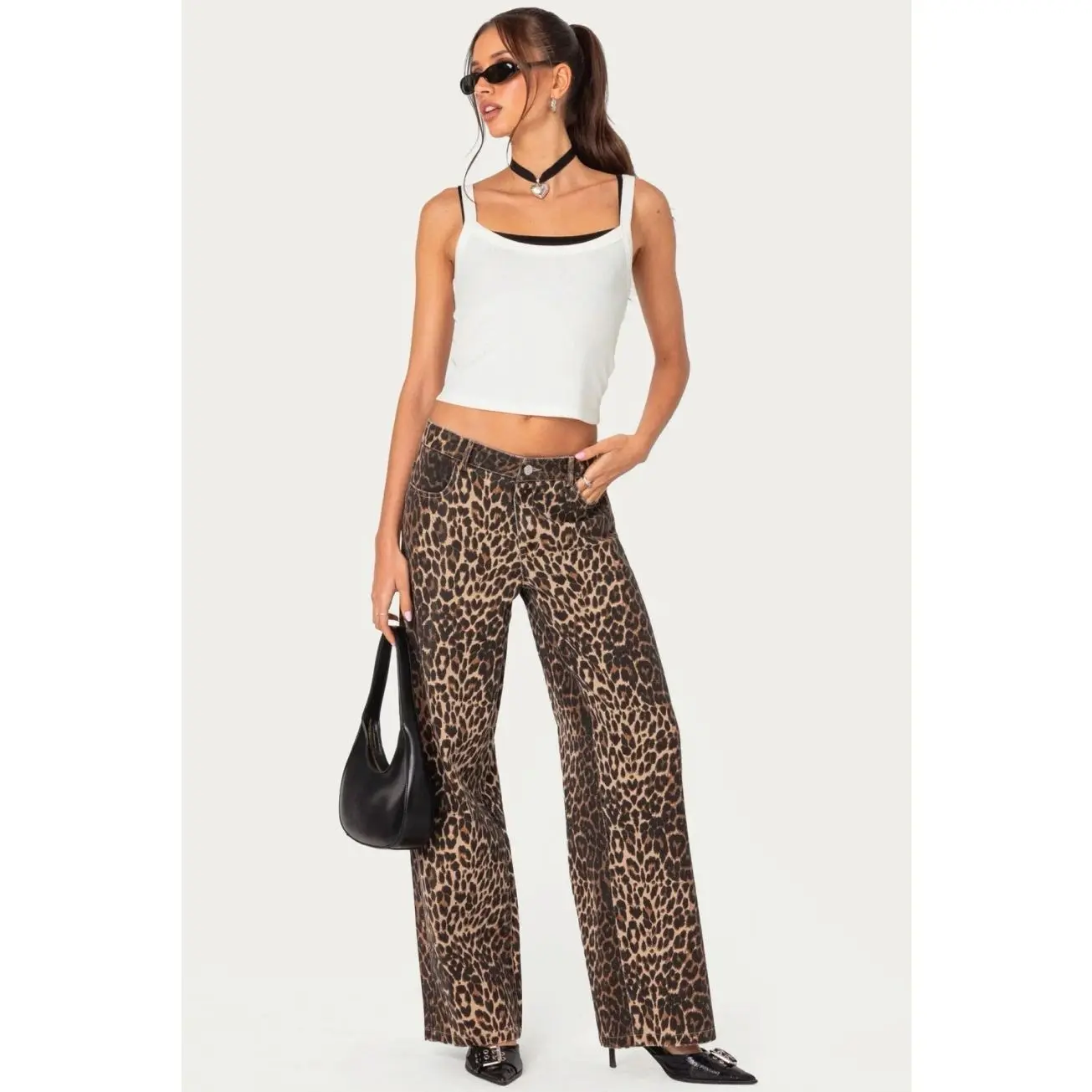 Leopard Printed Low Rise Baggy Jeans