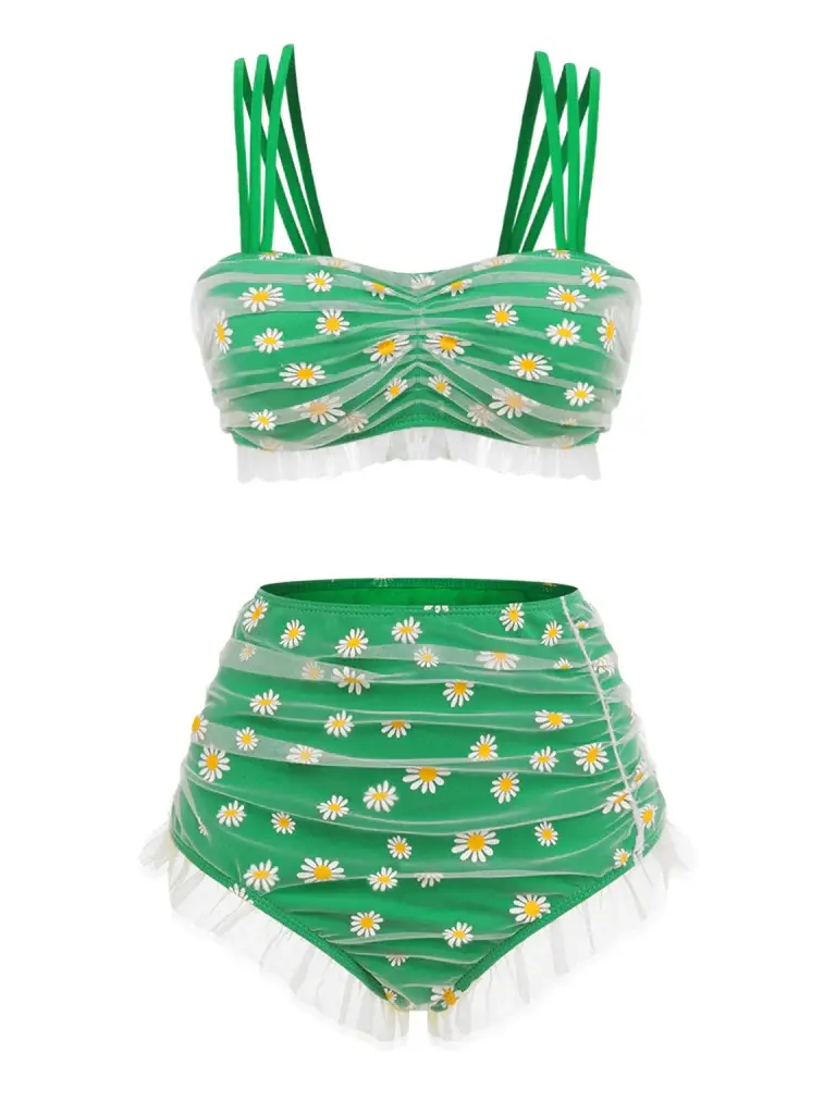 RETRO STAGE Tankini Set for Women, 1950s Retro Daisy Print High Waisted 2 Piece Swimsuit with Ruched Mesh Overlay and Strappy Back, S, Swimsuit For Women, Women's Swimsuits