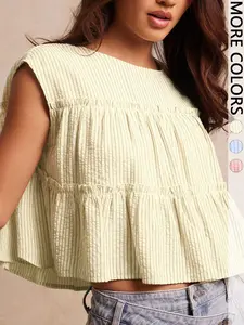 Textured Striped Woven Round Neck Cap Sleeve Tiered Ruffle Casual Top Shirts Back To School Cute Fall Country Summer For Women
