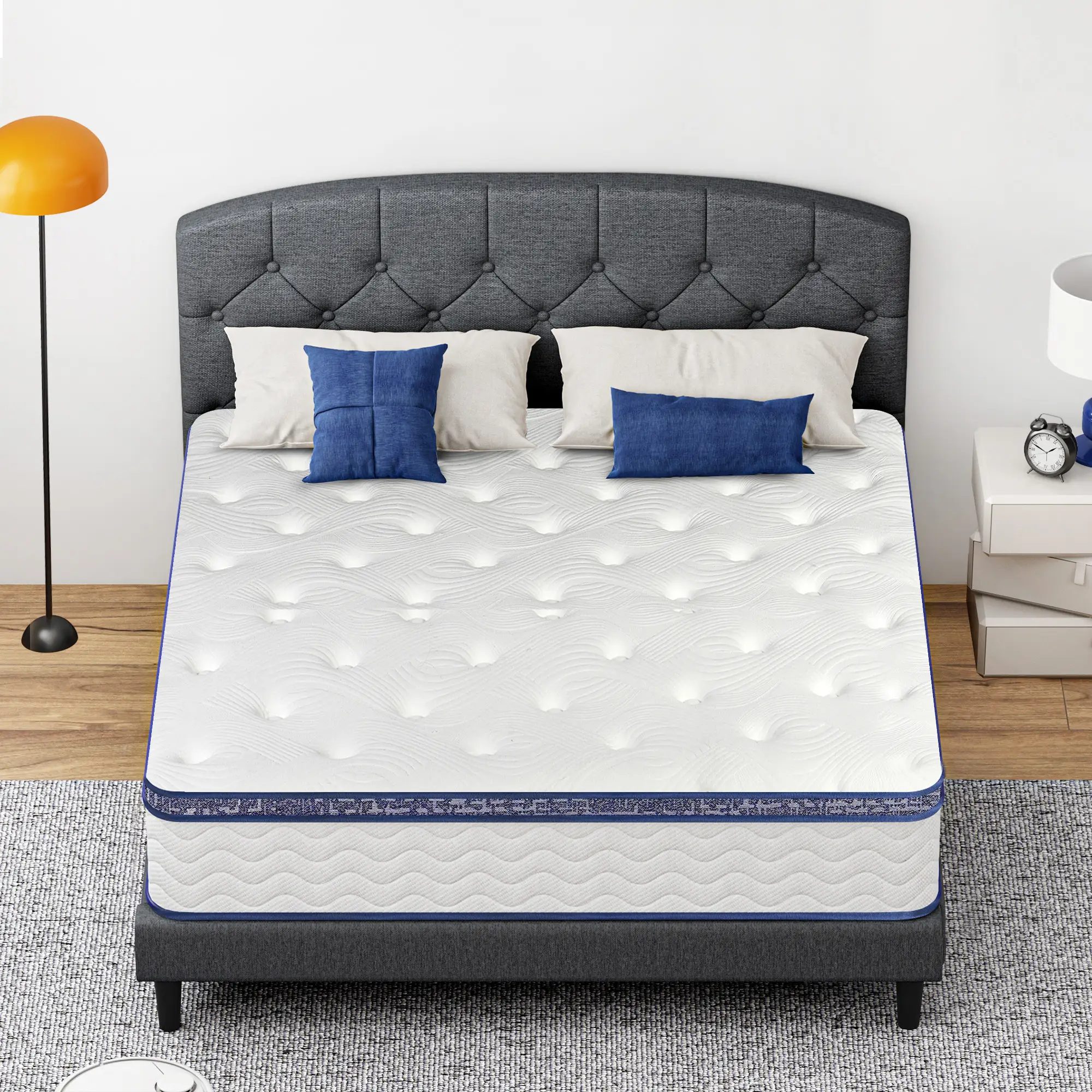 Hybrid 10-12 Inch Mattress Twin Size Medium Firmness Cooling Gel Foam Certified Safe Foams & Fabric Strong Edge Support Waffle Fabric Navy Blue Summer