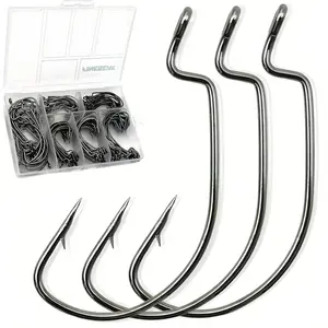 Bass Fishing Hooks 120 Count Freshwater Extra Wide Gap Offset Worm Barbed High Carbon Steel Set #1 1/0 2/0 3/0 4/0 5/0