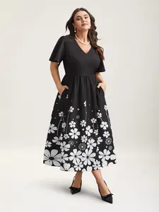 BLOOMCHIC Women's Short-Sleeve V-Neck Floral Print Ruffle Flared Fit Dress with Pocket - Flower Casual Dress for Casual Wear, Black Swimweek