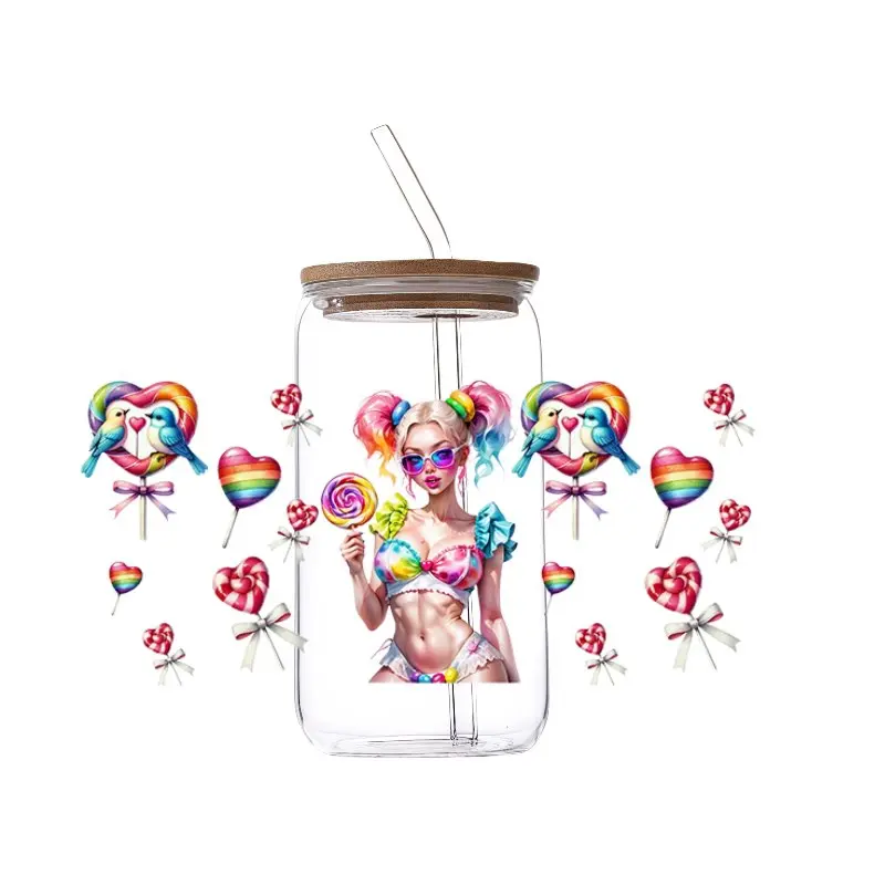 UV DTF Cup Wraps - 5 Sheets Rainbow Candy Girl Style for 16oz Tumblers, Daily Easy-Apply Waterproof Transfer Stickers for Cup DIY Handmade Decor
