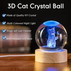 F-SO17  3D Cat Crystal Ball Gifts Ideas for Girlfriend Wife Mom Couple Her Cat Lovers Presents for Women Birthday Decorative Crystal Sphere Decor Lamp