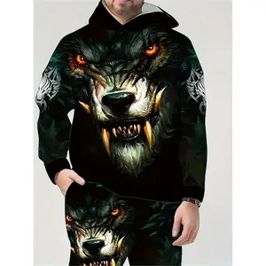 Men's 3D Wolf Print Hoodie and Sweatpants Set - Soft and stretchy fabric, casual sports style, machine washable - Perfect choice for autumn and winter seasons