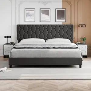 King Size Bed Frame with Adjustable Upholstered Headboard, Strong Wood Slats, No Box Spring Needed
