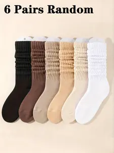 Women's Soft Breathable Fitted Mid-Calf Socks, 6 Pairs Pack, Plain Color, Comfortable Everyday Wear, Fall & Winter Socks, Random Selection