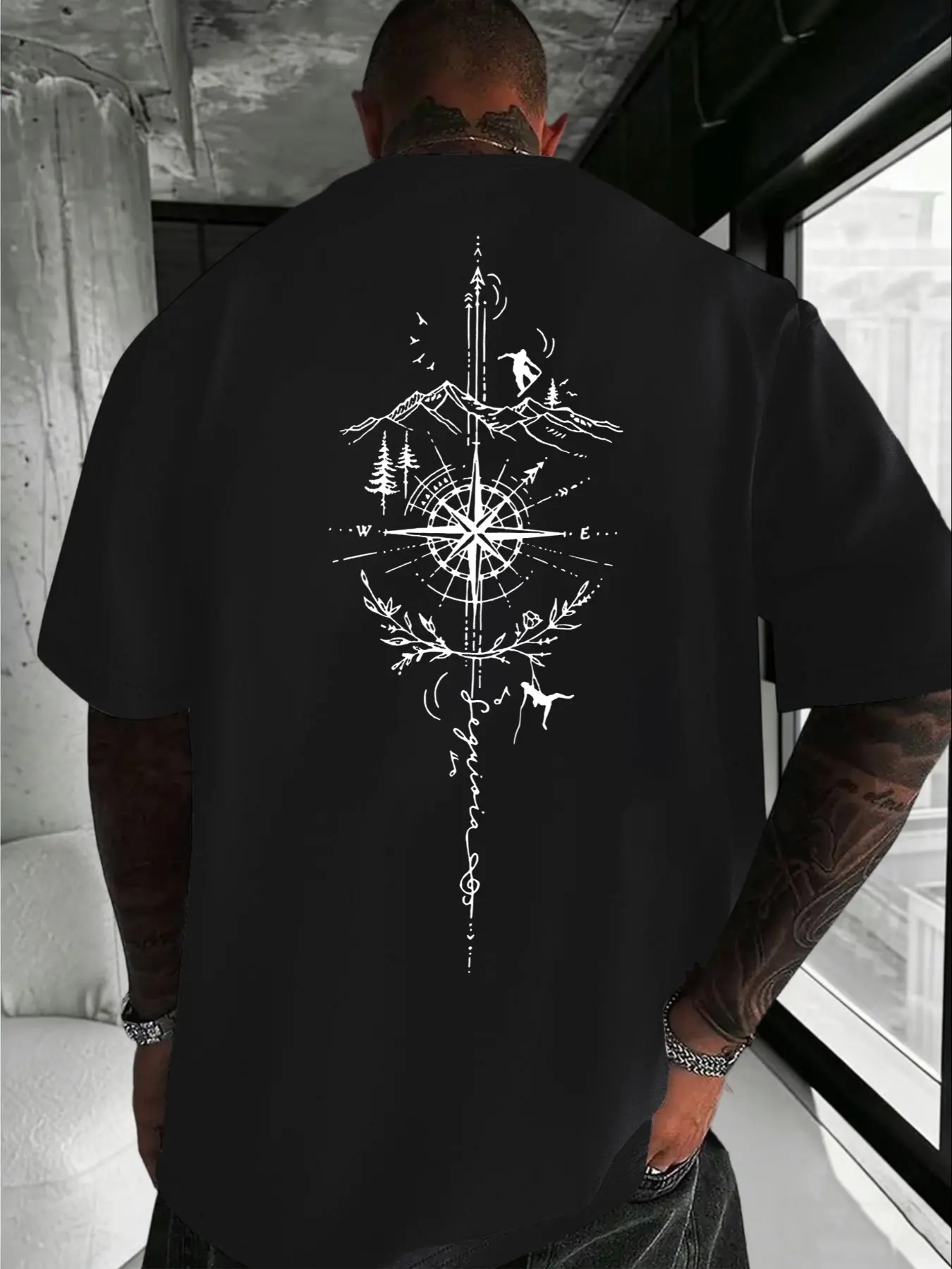 Men's Mountain Compass Print Round Neck Short Sleeve Long Outdoor T-Shirt, Streetwear, Boyfriend Gift, Versatile, Casual Fitted Top, Graphic Pattern
