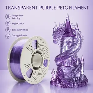 Hyper PETG Filament 1kg 1.75mm Transparent Purple - High Speed, Low Warp, No Tangle, Clear Purple 3D Printing Filament for FDM Printers multi-color fast