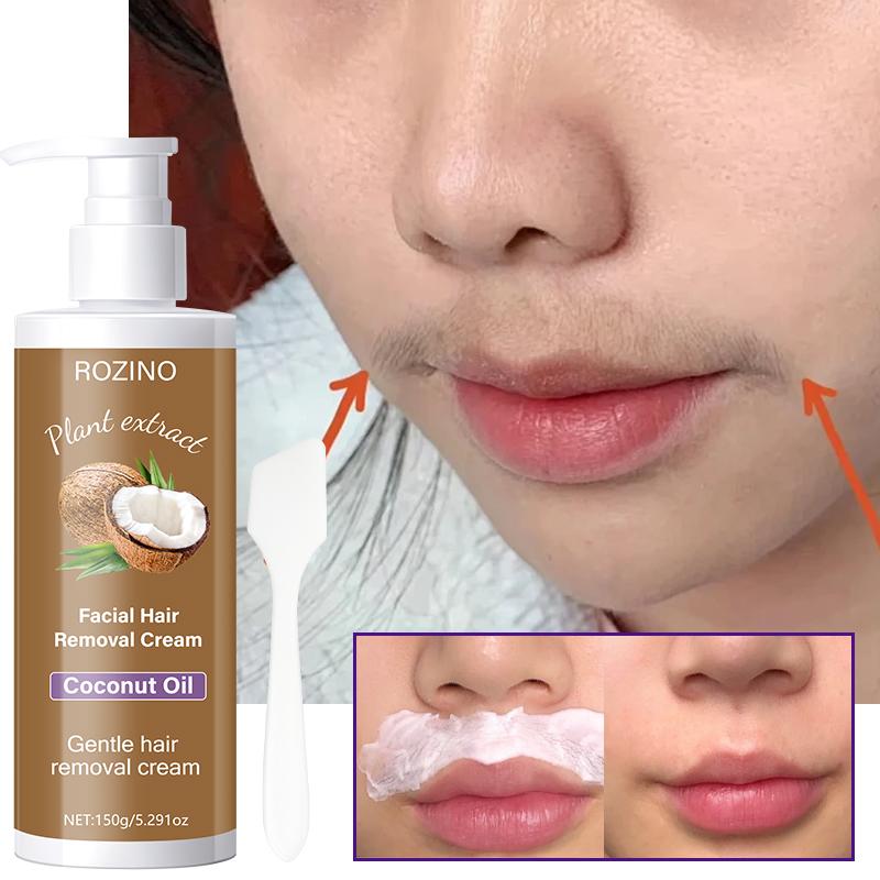 ROZINO Facial Hair Removal Cream with Coconut Oil | Painless Depilatory for Women | Gentle on Sensitive Skin & Peach Fuzz, No Dark Spots (150g)