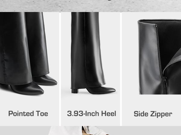Dream Pairs Women's Fold-Over Knee-High Boots - PU Leather, Pointed Toe, Chunky Heel, Side Zip, 4mm Latex Cushioned Insole, Party Chunky Shoes, Casual Footwear