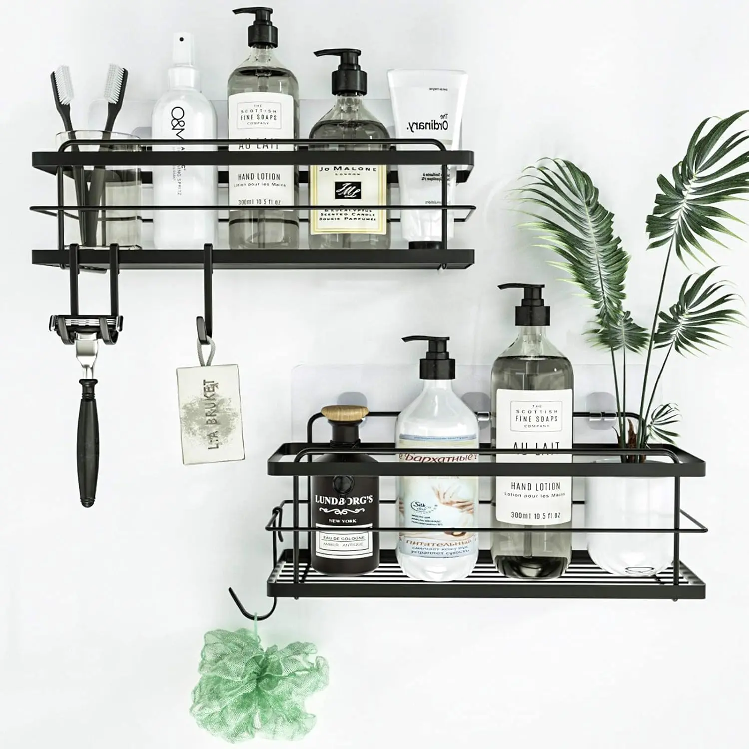 2-Pack Premium Adhesive No-Drill Rustproof Stainless Steel Shower Caddy, Matte Black Bathroom Organizer for Indoor Shampoo Storage