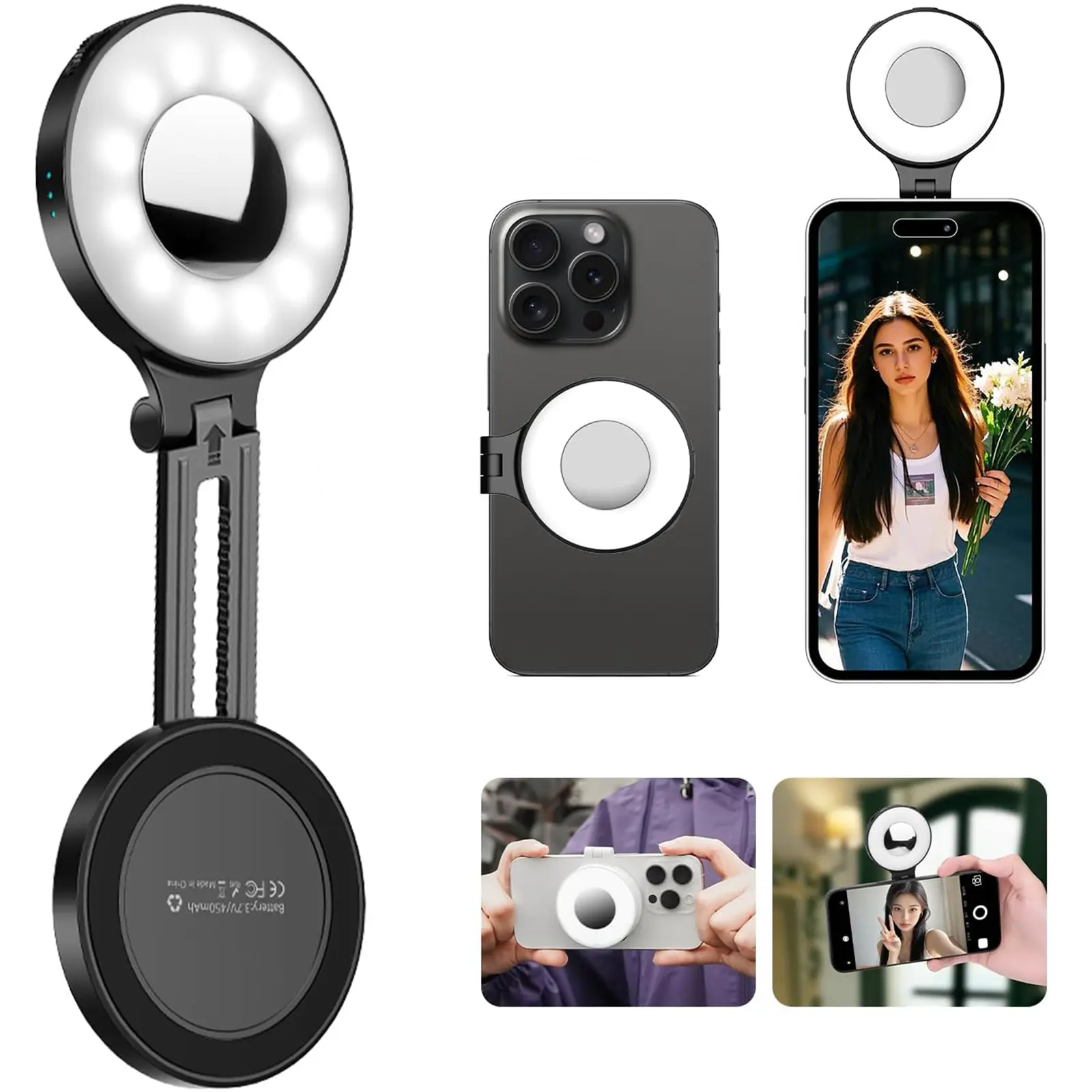 Portable Magnetic Selfie Fill Light Ring Light Mirror, Adjustable Brightness, Rechargeable Pocket Folding Phone Lamp for Photography Video Makeup Tiktok Vlog