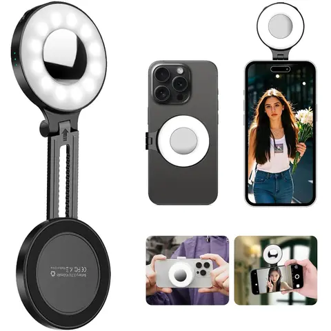 Portable Magnetic Selfie Fill Light Ring Light Mirror, Adjustable Brightness, Rechargeable Pocket Folding Phone Lamp, Foldable Video Light for Photography Video Makeup Tiktok Vlog