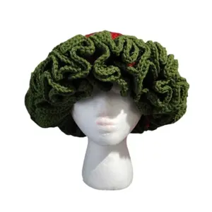 Handmade Crocheted Bucket Hat with Ruffles, Playful Accent Piece, Strawberry Design