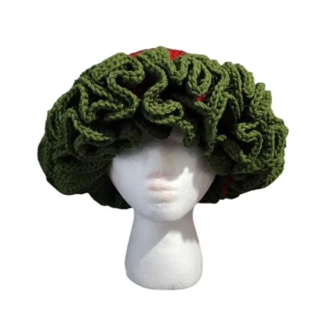Handmade Crocheted Bucket Hat with Ruffles, Playful Accent Piece, Strawberry Design