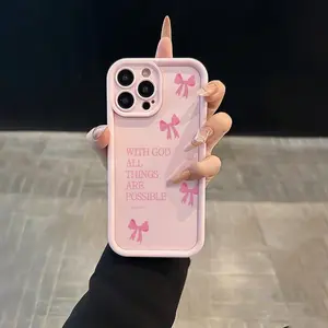 Pink girl style bow and slogan pattern TPU material anti-drop hole position precision all-inclusive protective case Suitable for IPhone17 11 12 13 14 15 16 Pro Max Air Plus