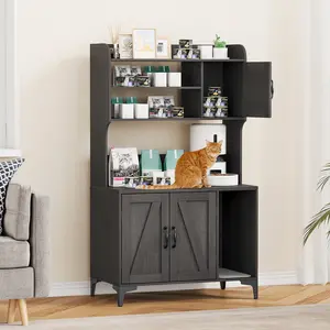 Cat Litter Box Enclosure with Shelves & Doors – Wooden Sturdy Hidden Litter Box Furniture, Indoor Cat House Furniture for Most Litter Boxes – Litter Box Cabinet
