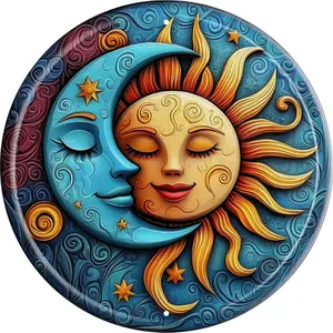 2d FlatVintage Round Tin The Sun And Moon Sign Retro Metal Sign Suitable For Home Street Shop Garage Bar Farm Garden - Multi-Purpose For Indoor/Outdoor Use Plaque 8x8 Inch Decor Aluminium garage use