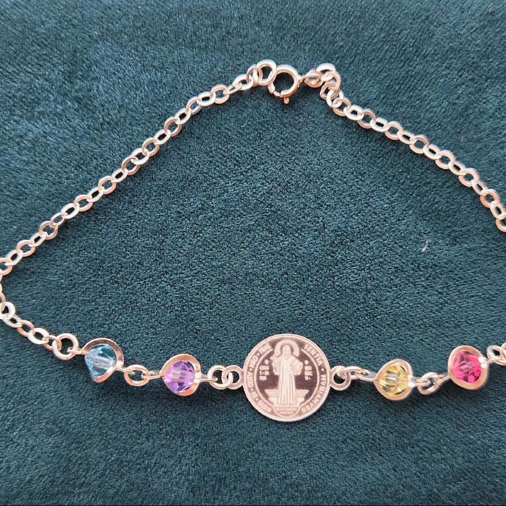 Pulsera de  san benito con 4 piedras de cristal  plata 925 Mexicana Diseño elegante y con significado espiritual