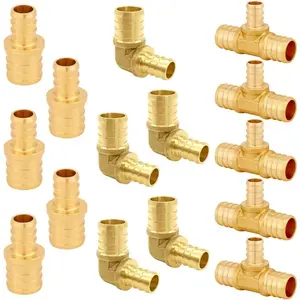 15 count LF Brass 3/4 to 1/2 Inch PEX Reducer Coupling Barb Crimp Pipe Tube Fitting Kit (5PCS Straight + 5 count Elbow + 5 count Tee)