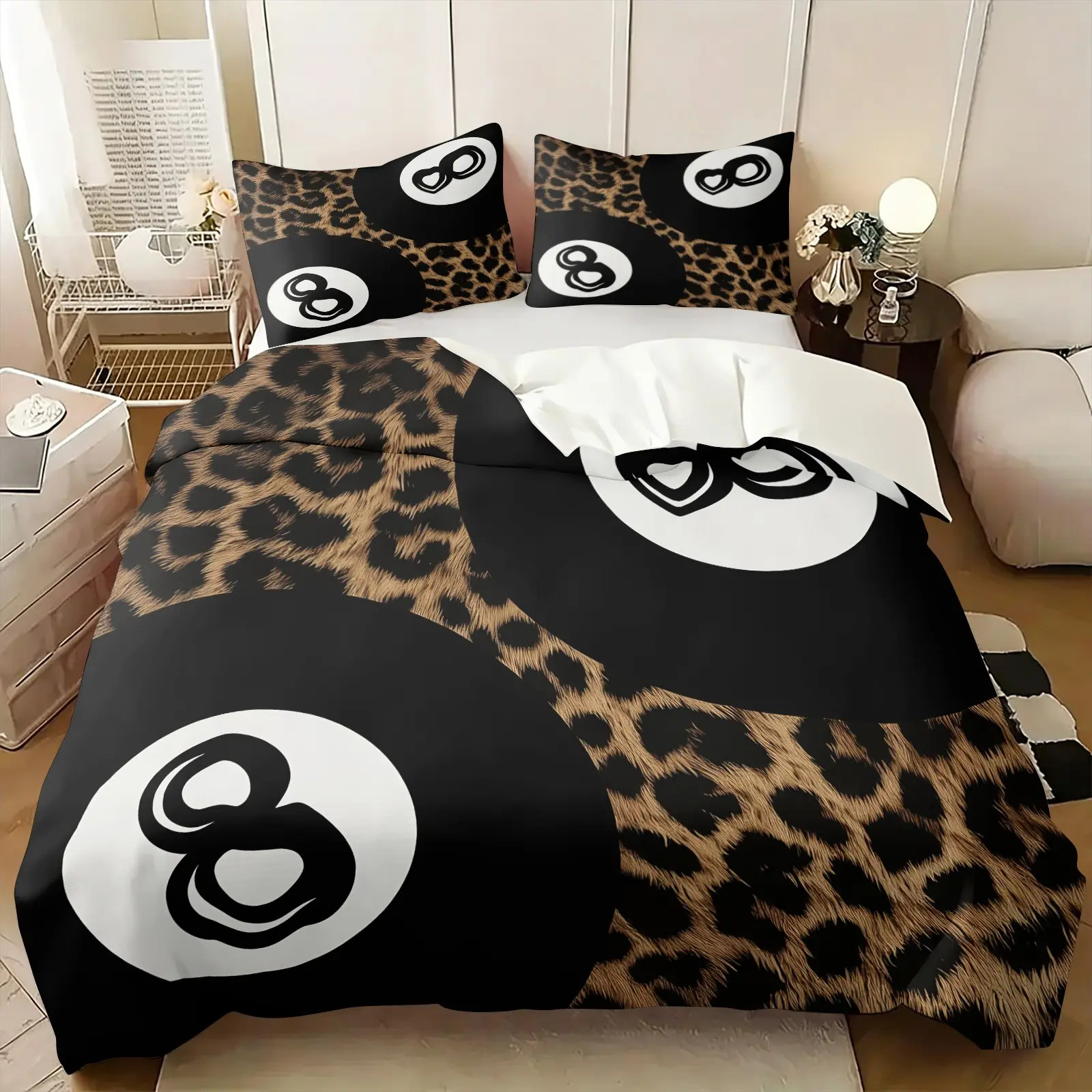 8 Ball Leopard Print Duvet Cover Set Twin Size, With 1 or 2 Pillow Sham+1 Duvet Cover, Y2K Retro Streetwear Aesthetic Bedding, Soft Microfiber, Cozy Bedding Set, for Teen Boys Girls Bedroom Dorm, Gift for Streetwear Enthusiast