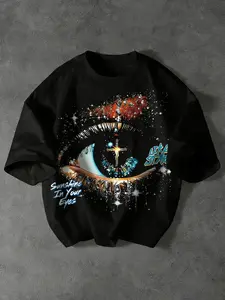 Men's Loose Fit Graphic Cross Eye Print T-Shirt, Cyberpunk Style, Soft Breathable Fabric, Streetwear, Music Festivals, Daily Casual Wear, Menswear