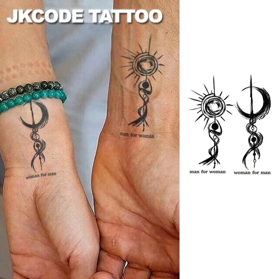 Couple Tattoo Ancient Viking Peace Totem Love Sun & Moon Meaning Finger Tattoos Rock Style Hand Neck Waterproof Long-Lasting 15 Days Fake Tattoos Tattoo Stickers