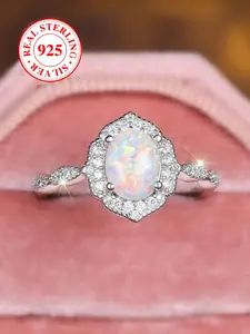 S925 Sterling Silver Ring Imitation Opal Elegant Women's Stackable Band Bridal Engagement Ring, Perfect Bridesmaid Wedding Gift for Birthdays & Anniversaries