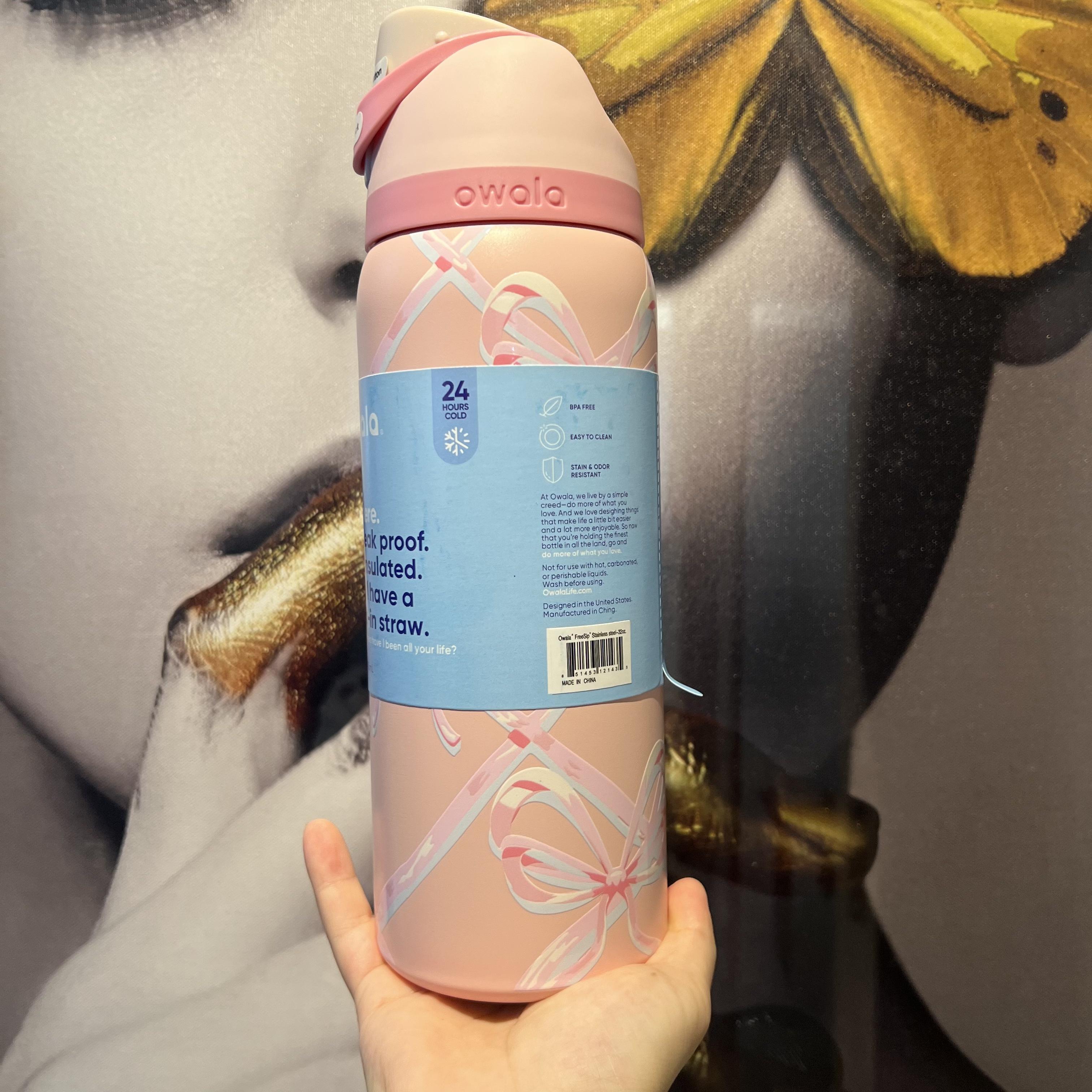Owala FreeSip 32oz Water Bottle, Sugar Plum Fairy Limited Edition, Insulated Stainless Steel, Leak-Proof Flip Lid, BPA-Free | Pink Bow Print Insulated Stainless Steel Bottle, Leak-Proof FreeSip Lid, Aesthetic Holiday Edition