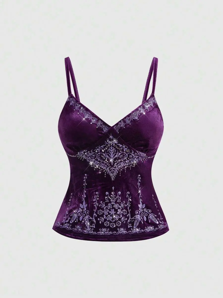 LUNA LAYER Womens Goth Vintage Sequin Embroidered Velvet Camisole Purple Slim Fit Cami Top